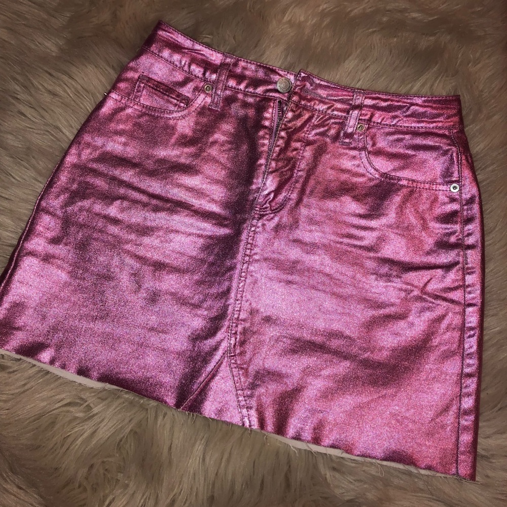 Shinny Metallic Pink Jean Mini Skirt